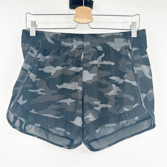 Athleta Womens Active Workout Camo Printed Mesh Racer Run Shorts 4" Size M Black - Picture 1 of 7
